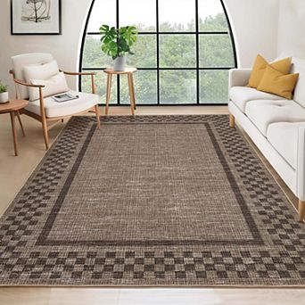 Modern Checkered Bordered Washable Low Pile Area Rugs Beige Indoor Carpet for Living & Bedroom