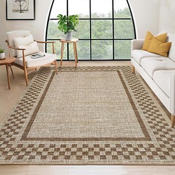 Modern Checkered Bordered Washable Low Pile Area Rugs Beige Indoor Carpet for Living & Bedroom
