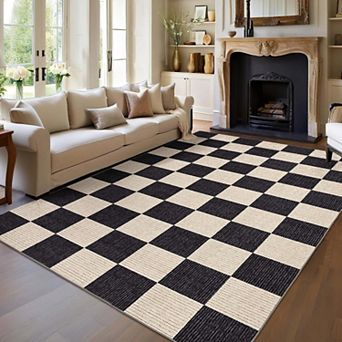 Modern Checkered Area Rugs Washable Soft Non Slip Non Shedding Carpet