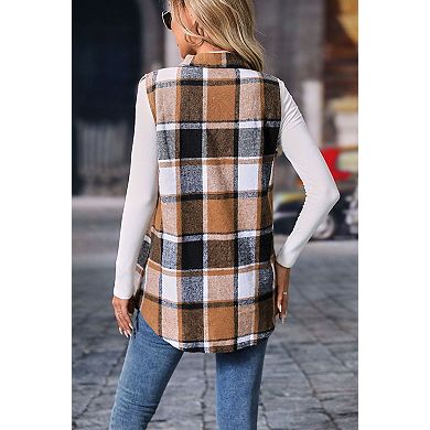 Women's Flannel Plaid Long Vest Sleeveless Lapel Neck Button Down Casual Waistcoat Outerwear