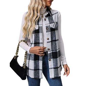 Women's Flannel Plaid Long Vest Sleeveless Lapel Neck Button Down Casual Waistcoat Outerwear