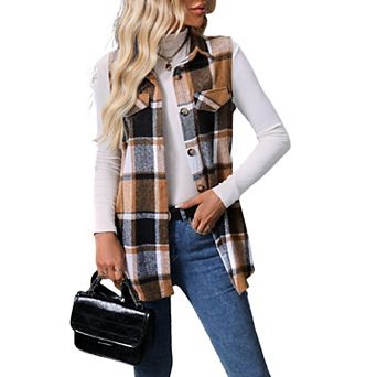 Women's Flannel Plaid Long Vest Sleeveless Lapel Neck Button Down Casual Waistcoat Outerwear