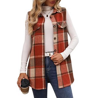 Women's Flannel Plaid Long Vest Sleeveless Lapel Neck Button Down Casual Waistcoat Outerwear