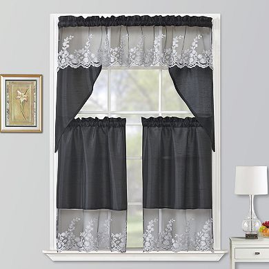 100% Polyester Bethany Embroidered 3 PC Kitchen Curtains Tier & Swag Set