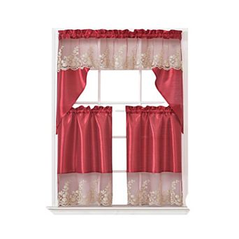 100% Polyester Bethany Embroidered 3 pc Kitchen Curtains Tier & Swag Set