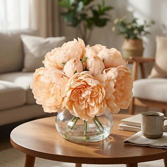 Pink Peonies Artificial Flowers in Vase, Silk Faux Peony Fake Flower Arrangements with Glass Vase