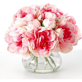 Pink Peonies Artificial Flowers in Vase, Silk Faux Peony Fake Flower Arrangements with Glass Vase