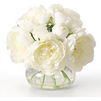 Pink Peonies Artificial Flowers in Vase, Silk Faux Peony Fake Flower Arrangements with Glass Vase
