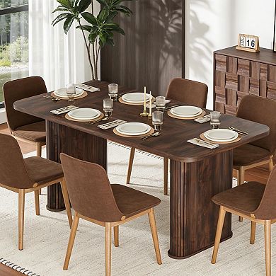 Spacious 62" Modern Dining Table for 6-8 People, Rectangular Wood Tabletop with Sturdy Pedestal Legs
