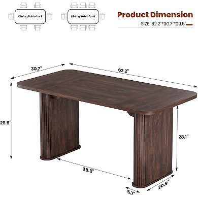 Spacious 62" Modern Dining Table for 6-8 People, Rectangular Wood Tabletop with Sturdy Pedestal Legs