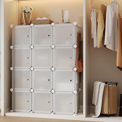 Space-Saving Modular Shoe Storage Cabinet 12-Cube Stackable Organizer with Doors, Durable Plastic