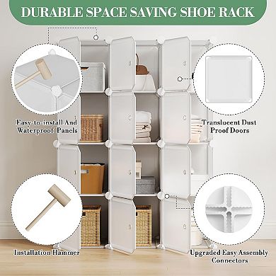 Space-Saving Modular Shoe Storage Cabinet 12-Cube Stackable Organizer with Doors, Durable Plastic