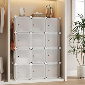 Space-Saving Modular Shoe Storage Cabinet 12-Cube Stackable Organizer with Doors, Durable Plastic