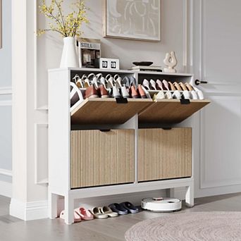 Shoe Storage Cabinet with 4 Flip Drawers, Farmhouse Fluted Shoe Organizer with Metal Legs