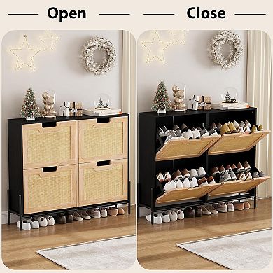Rattan Shoe Storage Cabinet with 4 Flip Drawers, Freestanding Shoe Organizer with Adjustable