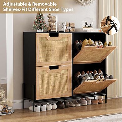 Rattan Shoe Storage Cabinet with 4 Flip Drawers, Freestanding Shoe Organizer with Adjustable