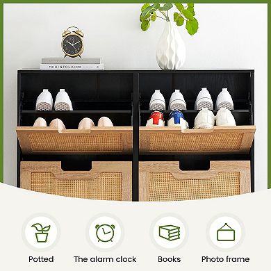 Rattan Shoe Storage Cabinet with 4 Flip Drawers, Freestanding Shoe Organizer with Adjustable