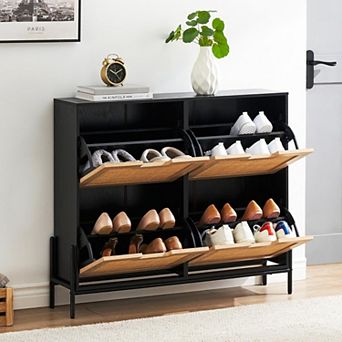 Rattan Shoe Storage Cabinet with 4 Flip Drawers, Freestanding Shoe Organizer with Adjustable