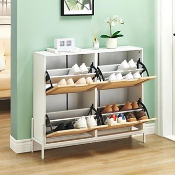Rattan Shoe Storage Cabinet with 4 Flip Drawers, Freestanding Shoe Organizer with Adjustable