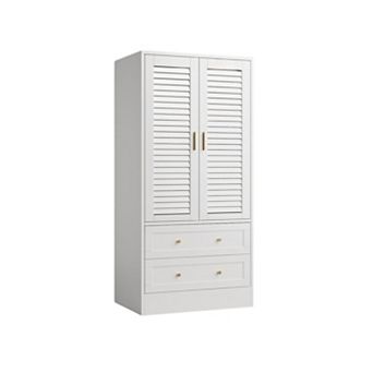 Wooden Armoire Wardrobe Closet, Wood Clothing Storage Cabinets with 2 Doors and 2 Drawers