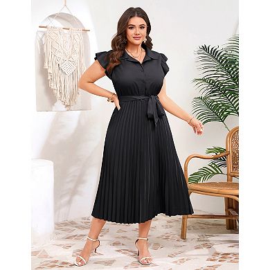 Plus Size Pleated Shirt Collar Midi Dress with Ruffled Cap Sleeves