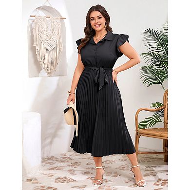 Plus Size Pleated Shirt Collar Midi Dress with Ruffled Cap Sleeves