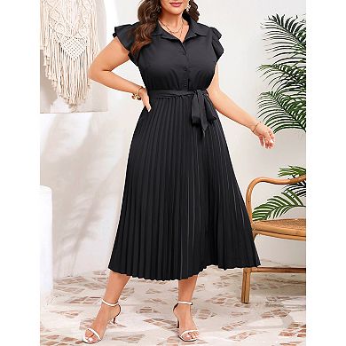 Plus Size Pleated Shirt Collar Midi Dress with Ruffled Cap Sleeves