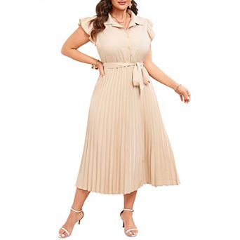 Plus Size Pleated Shirt Collar Midi Dress with Ruffled Cap Sleeves