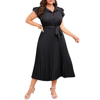 Plus Size Pleated Shirt Collar Midi Dress with Ruffled Cap Sleeves