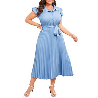 Plus Size Pleated Shirt Collar Midi Dress with Ruffled Cap Sleeves
