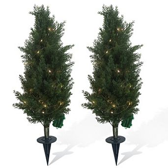 Artificial Cedar Topiary Trees Set of 2, UV Resistant Faux Evergreen Plants with Ground Spike