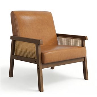 Modern Rattan Accent Chair with Wooden Armrests & Legs, Upholstered Lounge Chair