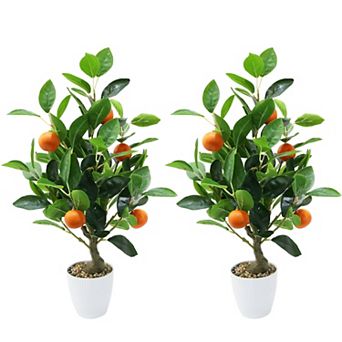 2 pc 20 Inch Artificial Orange Citrus Tree with White Pot, Faux Potted Plants for Living Room