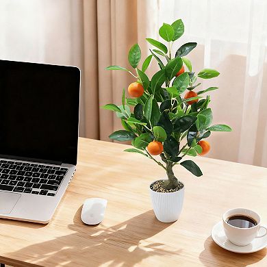 2Pcs 20 Inch Artificial Orange Citrus Tree with White Pot, Faux Potted Plants for Living Room