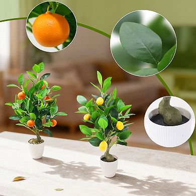 2Pcs 20 Inch Artificial Orange Citrus Tree with White Pot, Faux Potted Plants for Living Room