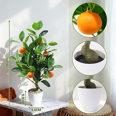 2Pcs 20 Inch Artificial Orange Citrus Tree with White Pot, Faux Potted Plants for Living Room