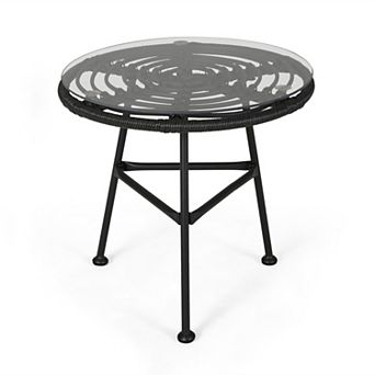 Glass Top End Table With Faux Rattan Frame For Balcony And Deck Space