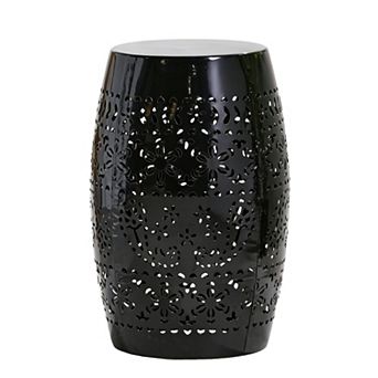 Barrel Shaped End Table With Lace Cut Metal Frame For Indoor Outdoor Use