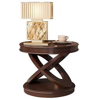 Round Wooden End Table With X Shape Base For Family Living Area
