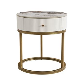 Round Marble End Table With Drawer Storage For Bedroom And Living Room