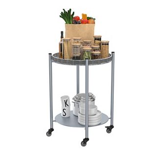 Movable Two Tier Side Table With Metal Wheel Frame For Sofa And Bedside