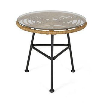 Glass Top Side Table With Faux Rattan Frame For Balcony And Patio Space