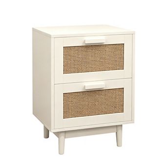 Storage Side Table With Rattan Decor And Wood Frame For Bedroom Living Space