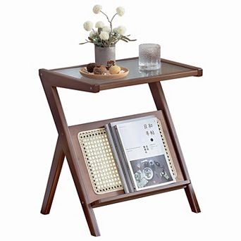 Storage End Table With Bamboo Rattan Material For Indoor Small Space