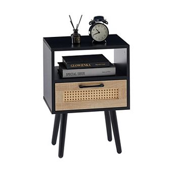 Rattan End Table With Drawer And Solid Wood Legs For Indoor Household Space
