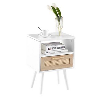 Rattan End Table With Drawer And Solid Wood Legs For Living Room Bedroom