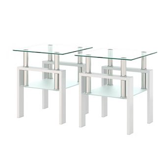 Two Piece Square Glass End Table With Tempered Panel For Household Use
