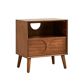 Fluted Nightstand With Charging Function And Wood Legs For Household Storage