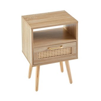 Natural Rattan End Table With Drawer And Wood Legs For Multi Room Use