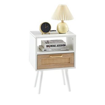White Rattan End Table With Charging Port Drawer And Wood Legs For Household